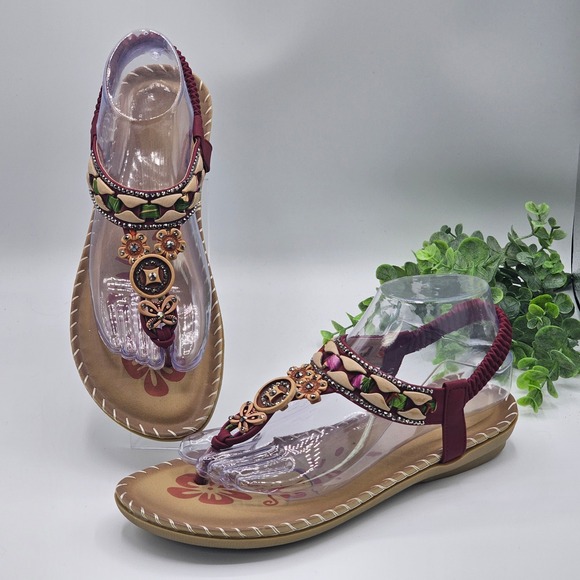 Bohemian Thong Sandals Beaded‎ Embellished Slingback Size EU 41 US 10 Festival - Picture 1 of 9